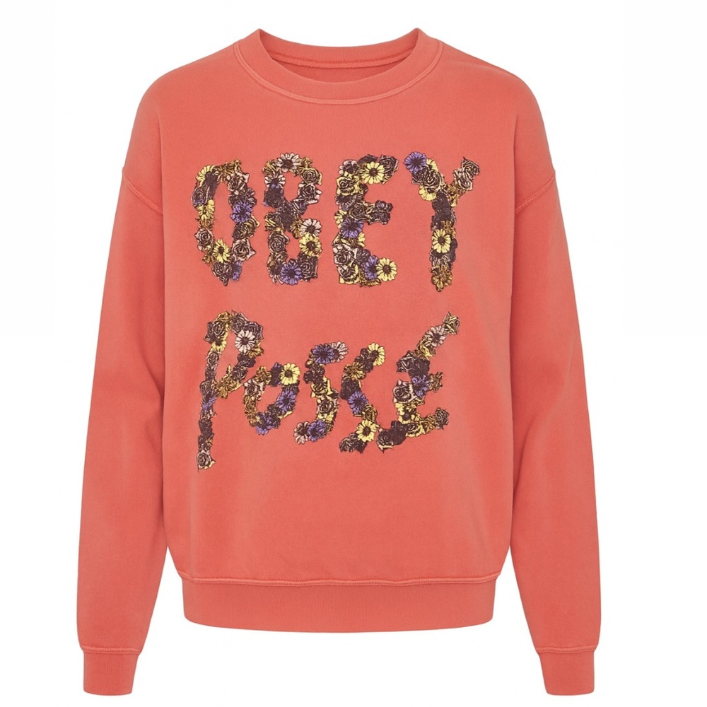 Obey Posse Floral Flower Branded Logo Graphic Coral Crew Neck Sweatshirt